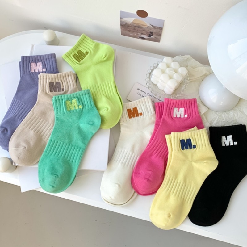 彩色春夏短筒袜子女潮网红新款短款字母袜女款运动袜薄款透气棉袜