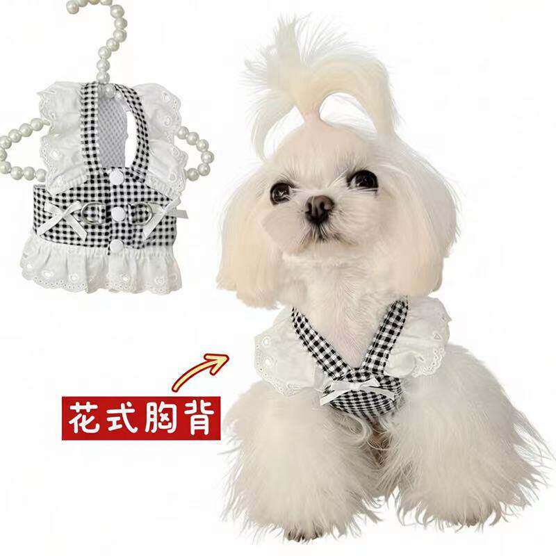 宠物夏季牵引胸背衣服狗狗黑红格泰迪博美比熊猫咪通用连身裙薄款