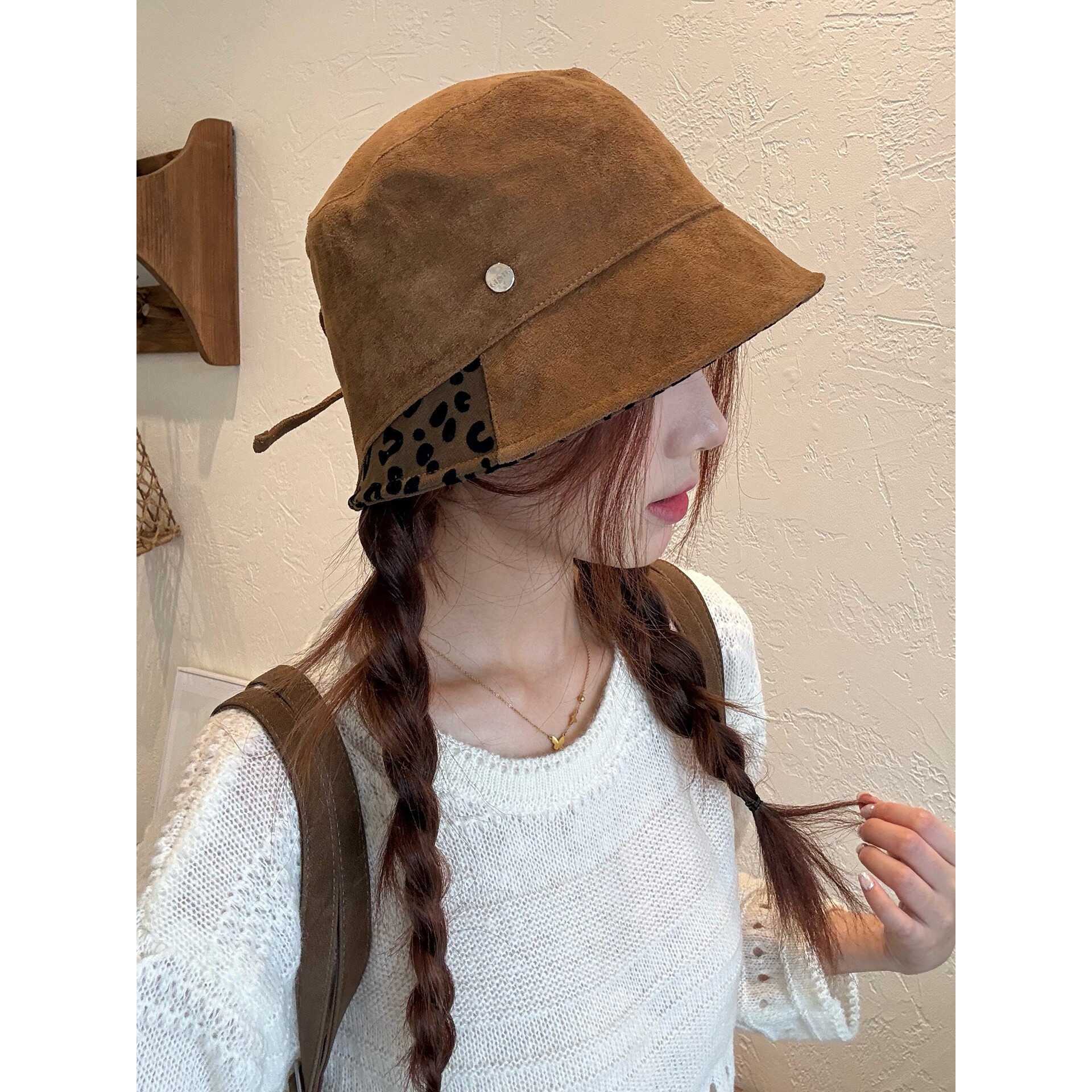 复古豹纹麂皮绒渔夫帽子女秋冬款美拉德棕色渔夫帽百搭显脸小盆帽