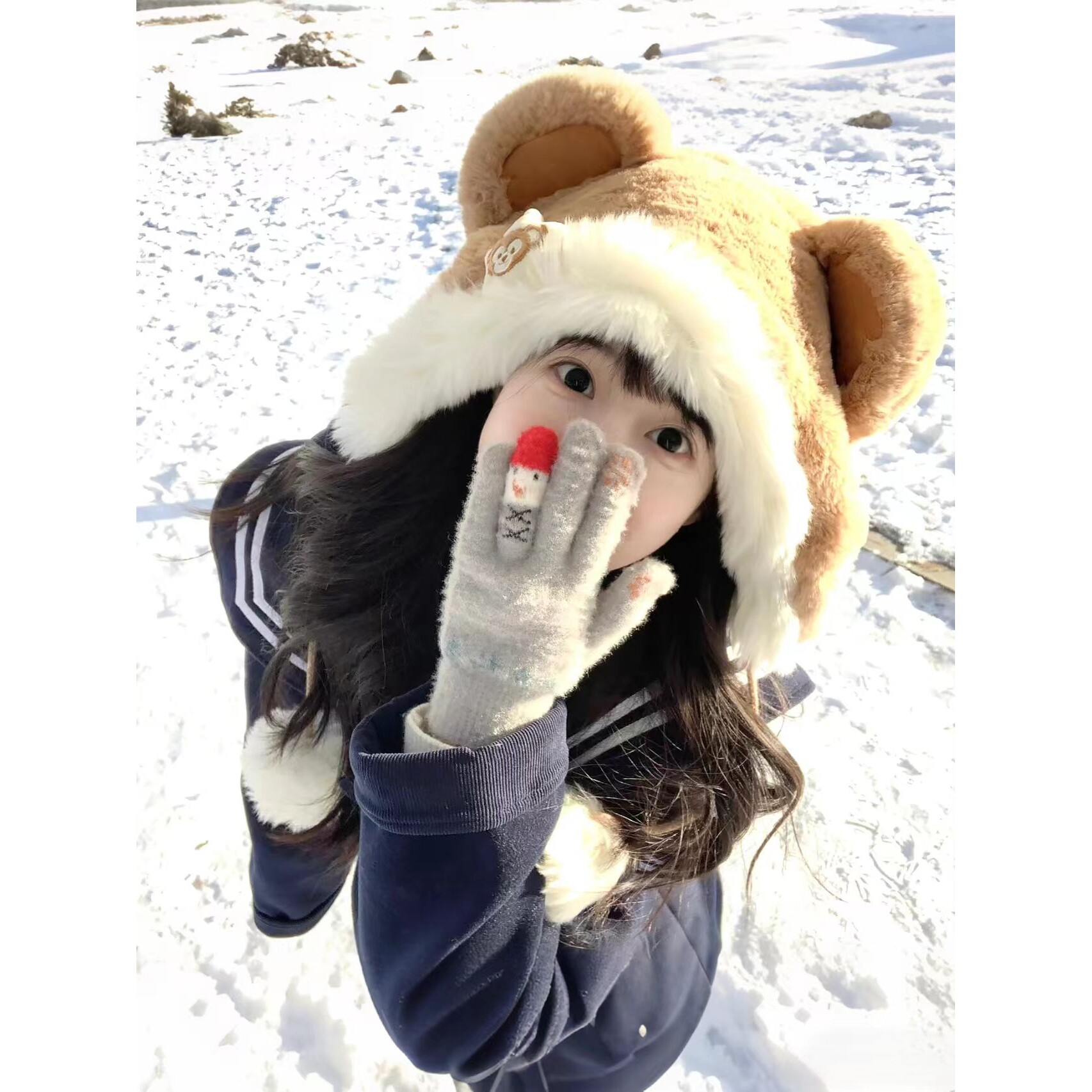 雪人手套女士冬针织毛线加厚保暖学生可触屏防寒可爱全指骑车手套