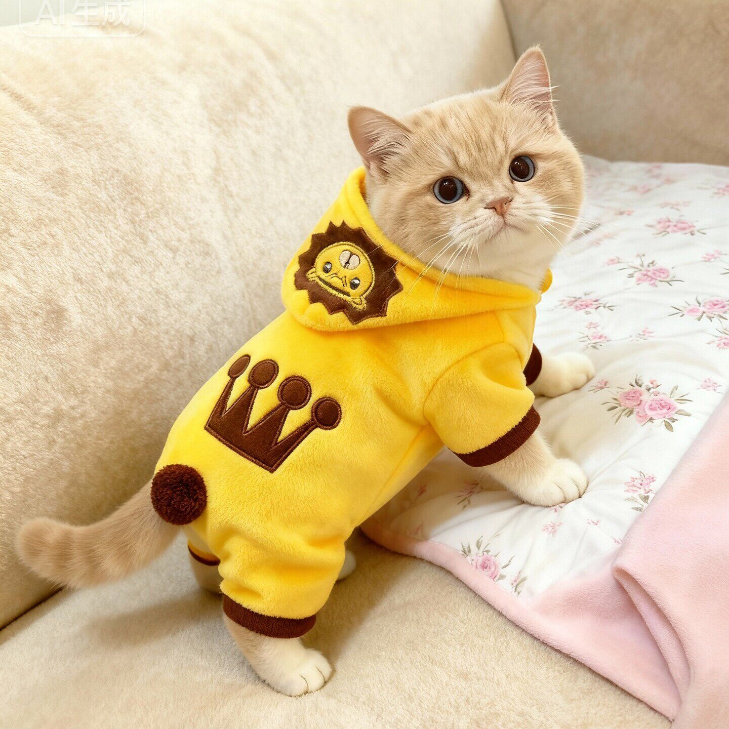 猫咪衣服皇冠小狮子连帽四脚衣秋冬季保暖卫衣英短银渐层狗狗衣服