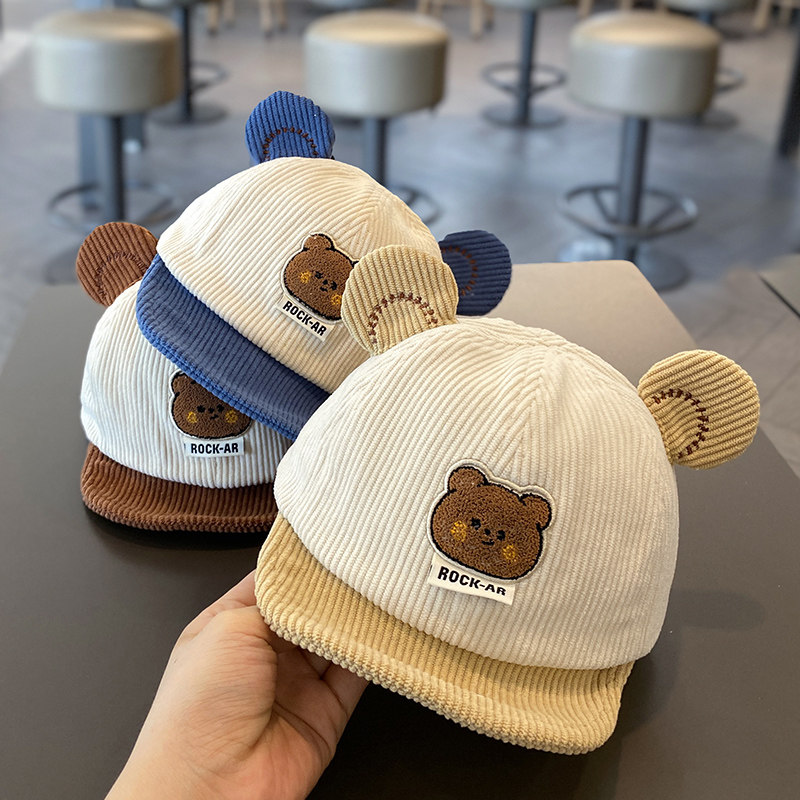 宝宝鸭舌帽子秋冬季韩版薄男女童可爱小熊防晒灯芯绒婴儿春秋软檐