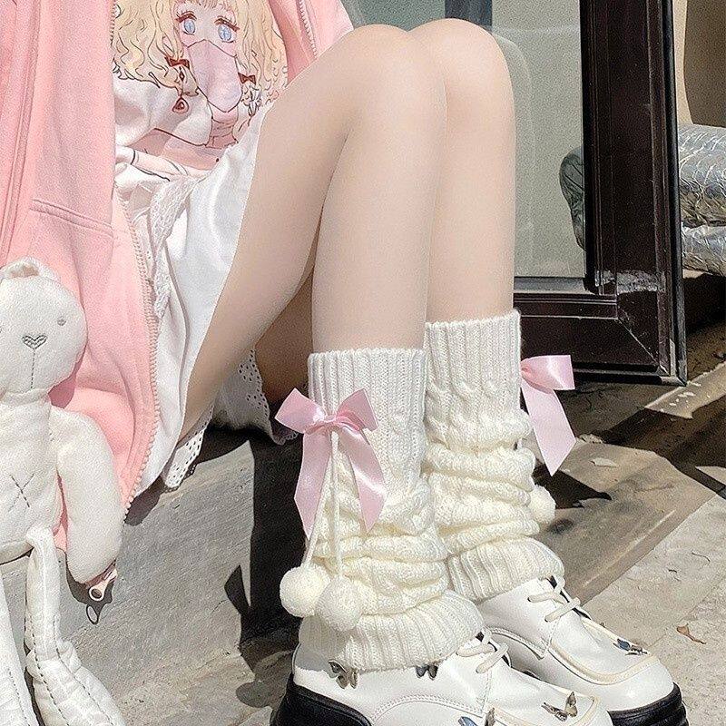 白色毛球袜套女日系秋冬jk腿套加厚保暖Lolita粉蝴蝶结堆堆袜子