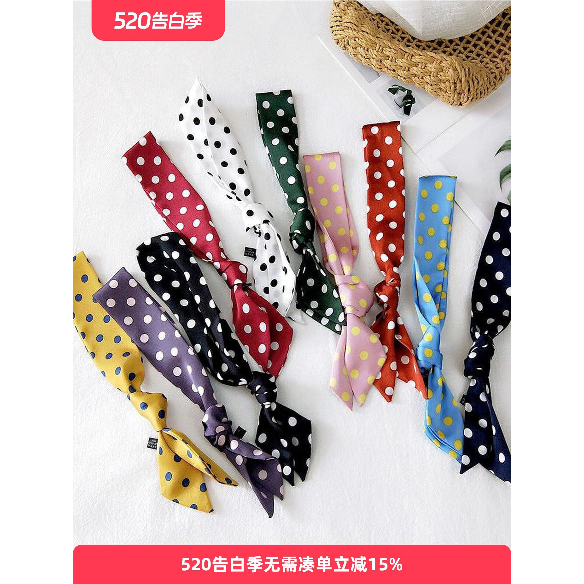 复古小丝巾领巾春季黑色酒红色波点围巾百搭装饰小方巾丝巾女夏天