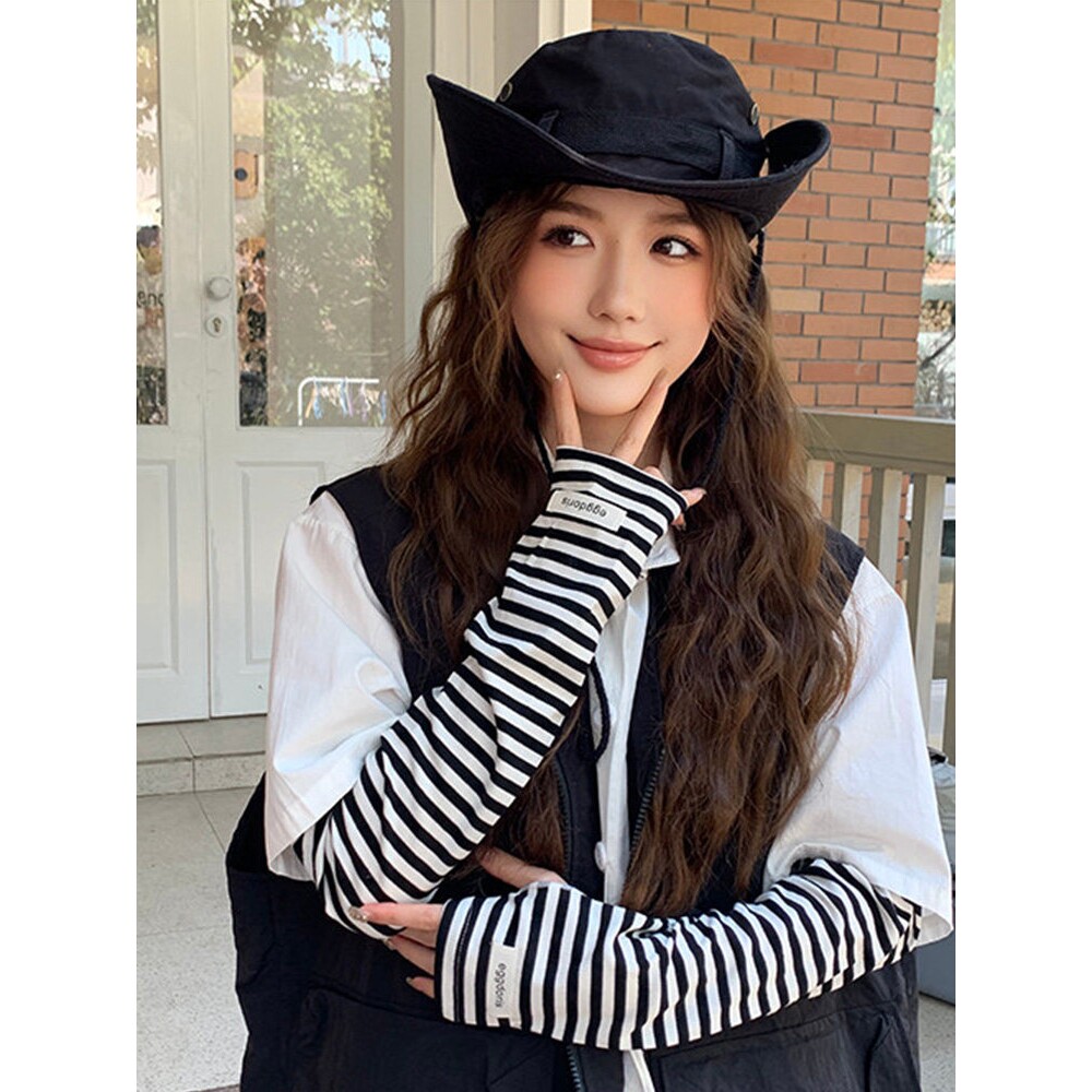 韩版条纹防晒袖套女冰袖户外开车骑行防紫外线护手臂宽松透气手袖