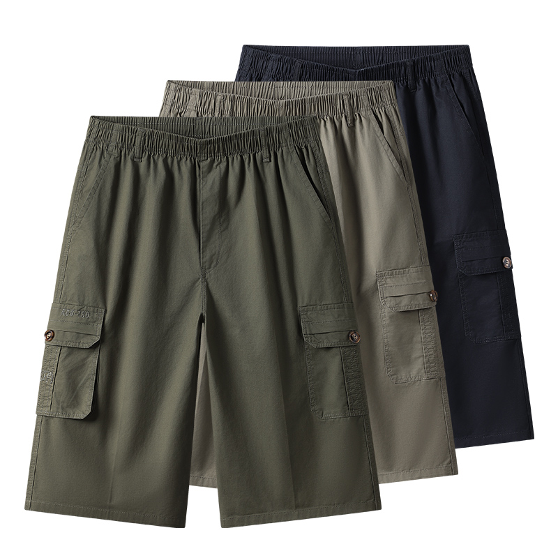 夏季纯棉七分裤男多口袋拉链休闲工装短裤中老年宽松大码中裤爸爸