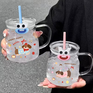 家用大容量吸管杯带盖玻璃杯果汁杯咖啡杯ins高颜值水杯把手杯子