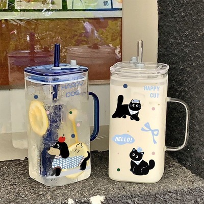 玻璃杯女高颜值杯子办公室大容量带把手水杯方形透明吸管杯咖啡杯