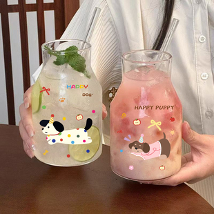 玻璃杯家用简约水杯可爱牛奶咖啡杯玻璃瓶大容量果汁杯吸管杯 韩式