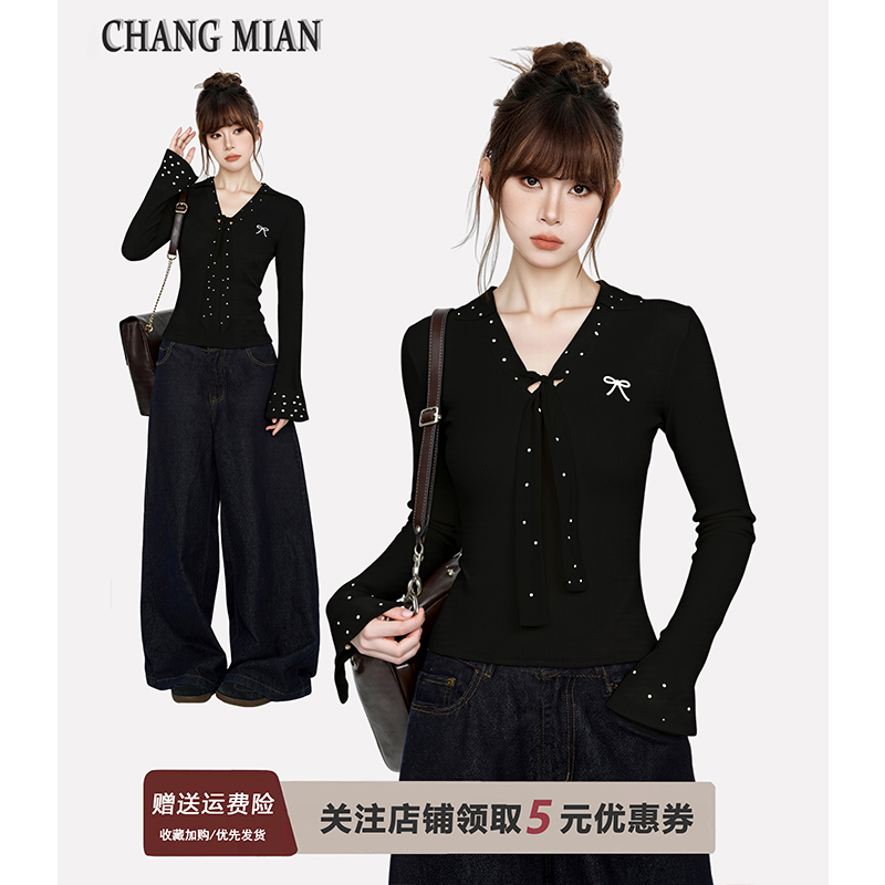 黑色v领波点假两件正肩长袖t恤女秋季秋冬polo领修身内搭打底上衣