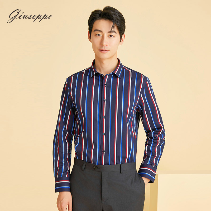 乔治白秋冬季男士长袖衬衫休闲撞色条纹衬衣偏厚修身上衣内里磨毛