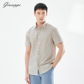 男士 纯棉短袖 衬衫 乔治白夏季 休闲撞色竖条纹衬衣半袖 上衣有口袋