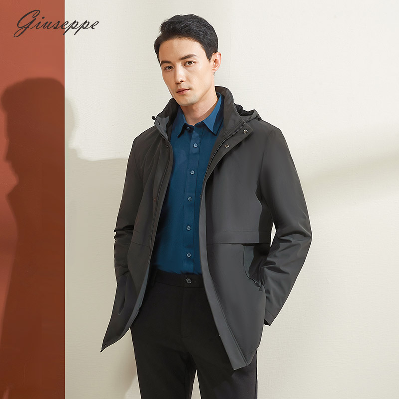 乔治白冬季男士中长款连帽风衣商务休闲加绒内胆拉链机能风厚外套