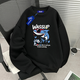 WASSUP重磅黑色圆领卫衣男款秋冬季2026新款鲨鱼印花宽松休闲上衣