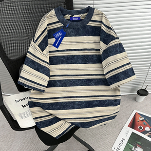 新款 T恤男夏季 宽松百搭情侣上衣 复古条纹扎染短袖 WASSUP重磅美式