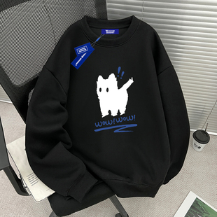 潮牌高街情侣装 秋冬季 上衣 复古白色圆领卫衣男女同款 WASSUP美式