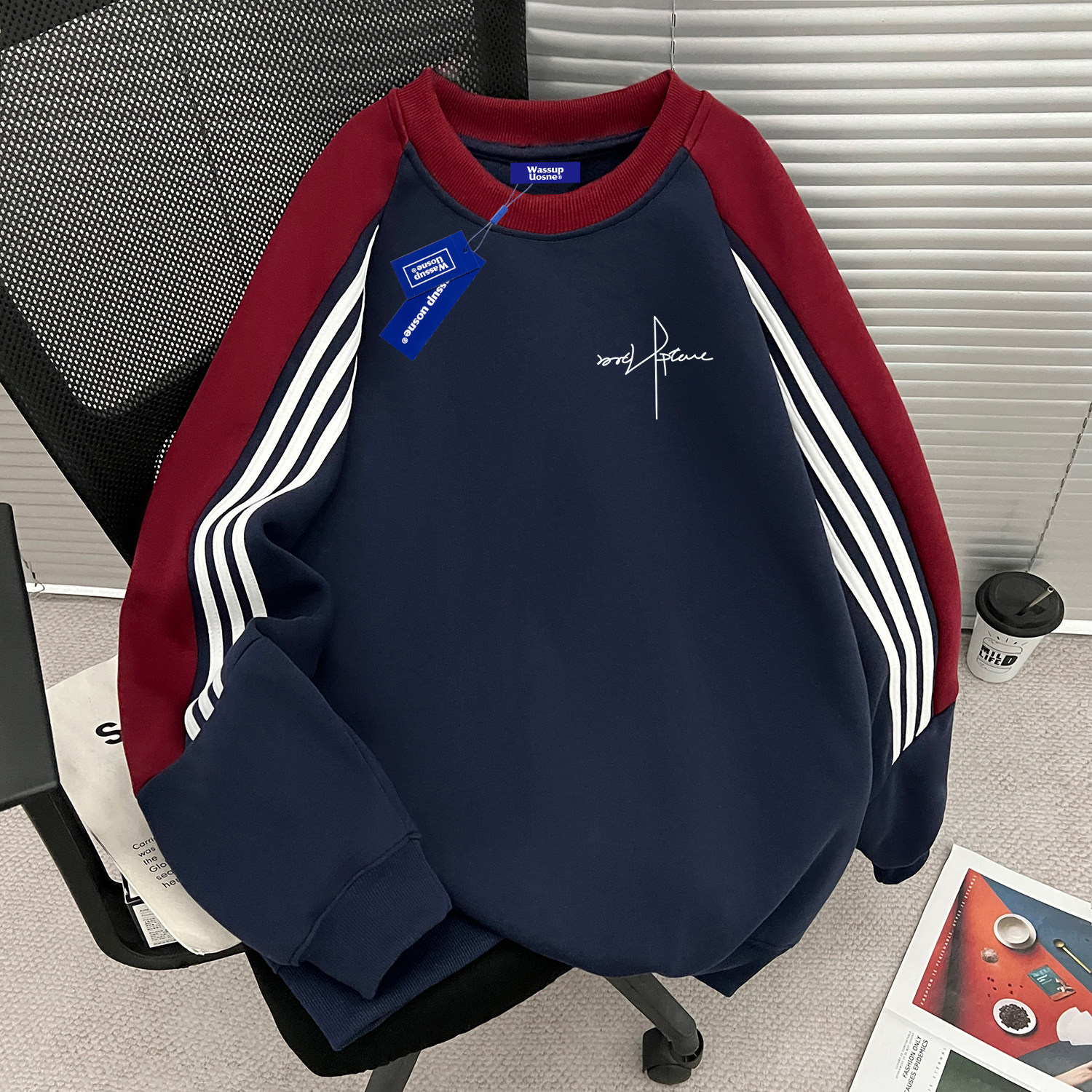 WASSUP美式重磅三条杆圆领卫衣男秋冬季加绒加厚插肩宽松长袖上衣