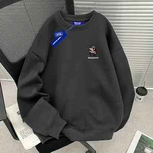 加绒加厚潮牌情侣装 秋冬季 上衣 复古男女同款 WASSUP圆领卫衣美式