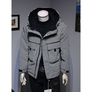 秋冬季连帽羽绒棉服男士加厚短款休闲千鸟格潮流黑白格子外套衣服