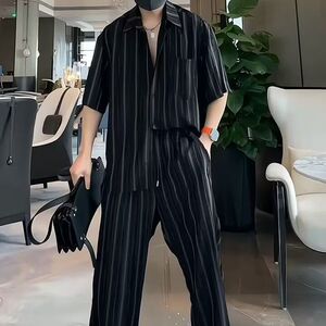 超薄款时尚潮流条纹衬衫套装男 夏季宽松免烫衬衣+休闲长裤两件套