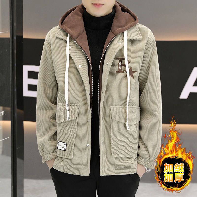 秋冬季新款潮牌假两件灯芯绒连帽夹克男时尚加绒加厚休闲高端外套