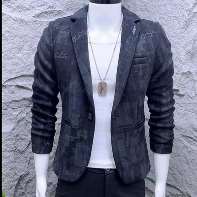 2025新款男士西装泼墨字母时尚个性百搭单排扣修身男士潮流西服男