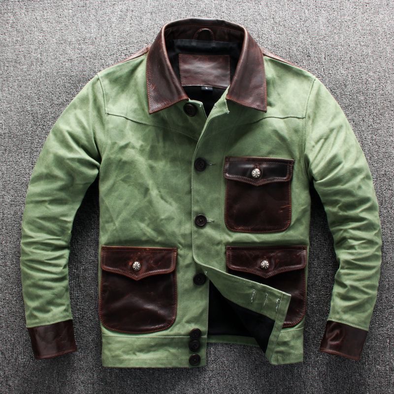 秋冬季新品美式复古帆布外套拼接撞色阿美咔叽男士皮夹克重工外套