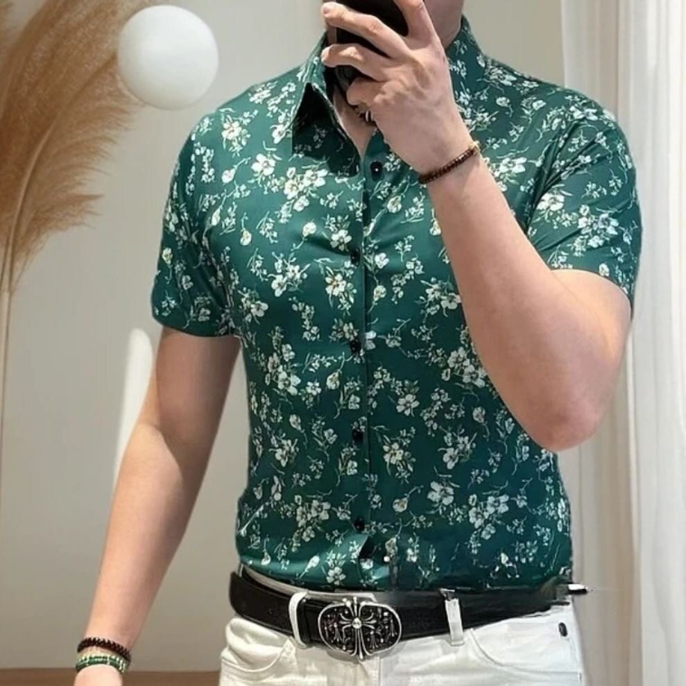 高端男士弹力风格小碎花复古高端印花短袖衬衫绿色花衬衫男上衣