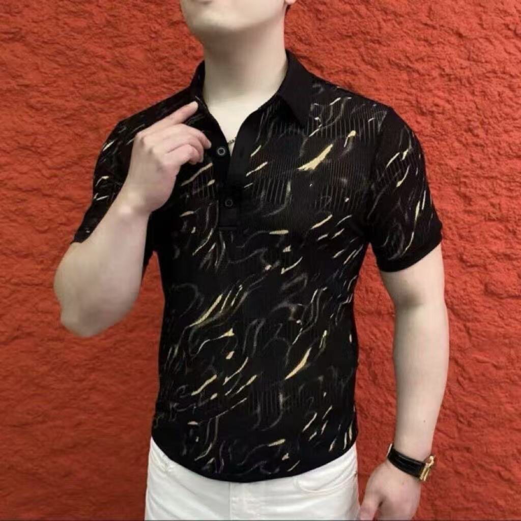 欧货夏季新款男士翻领冰丝印花短袖衬衫时尚修身弹力型男修身上衣