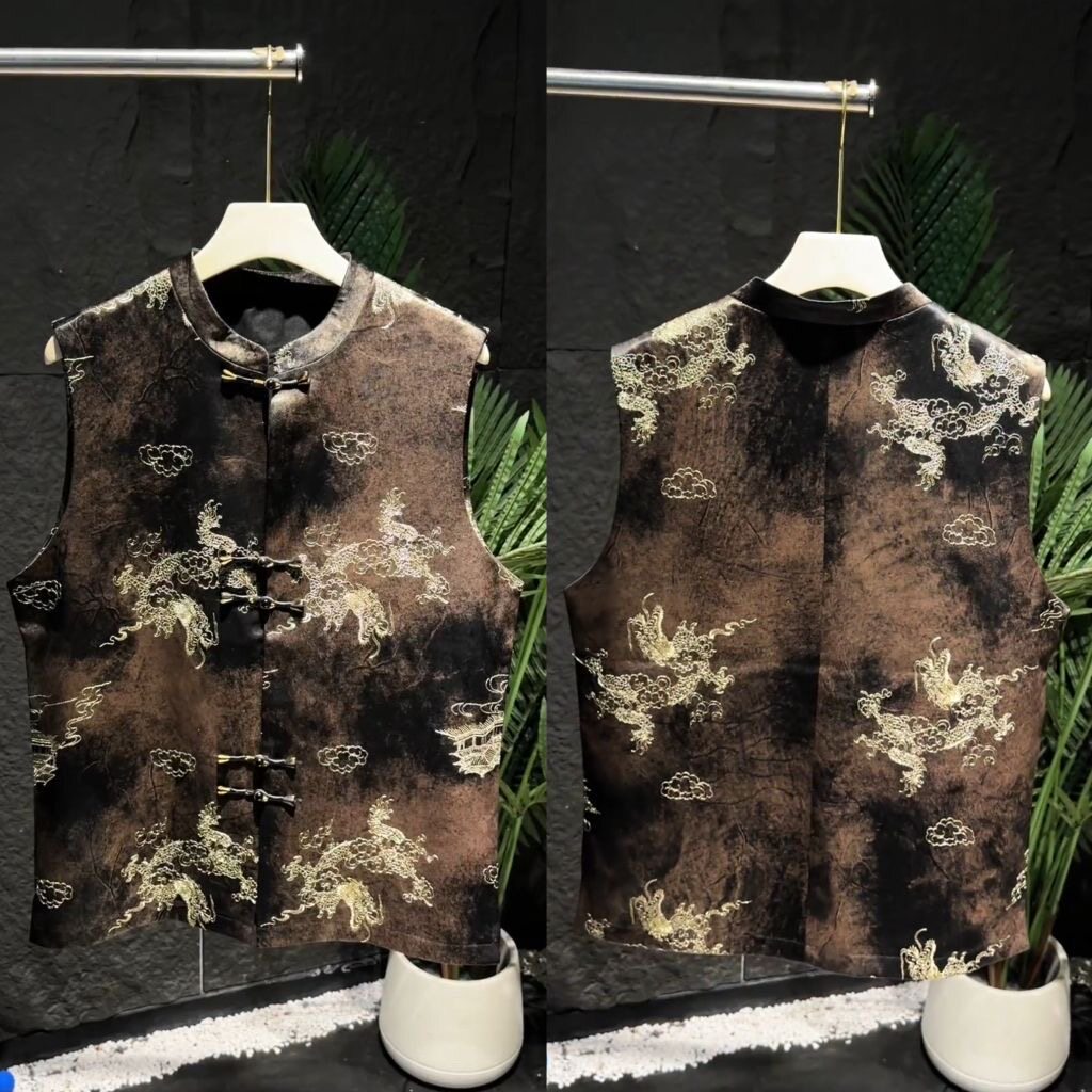 新中式民族风盘扣复古马甲男士秋季新款印花重工中国风休闲上衣