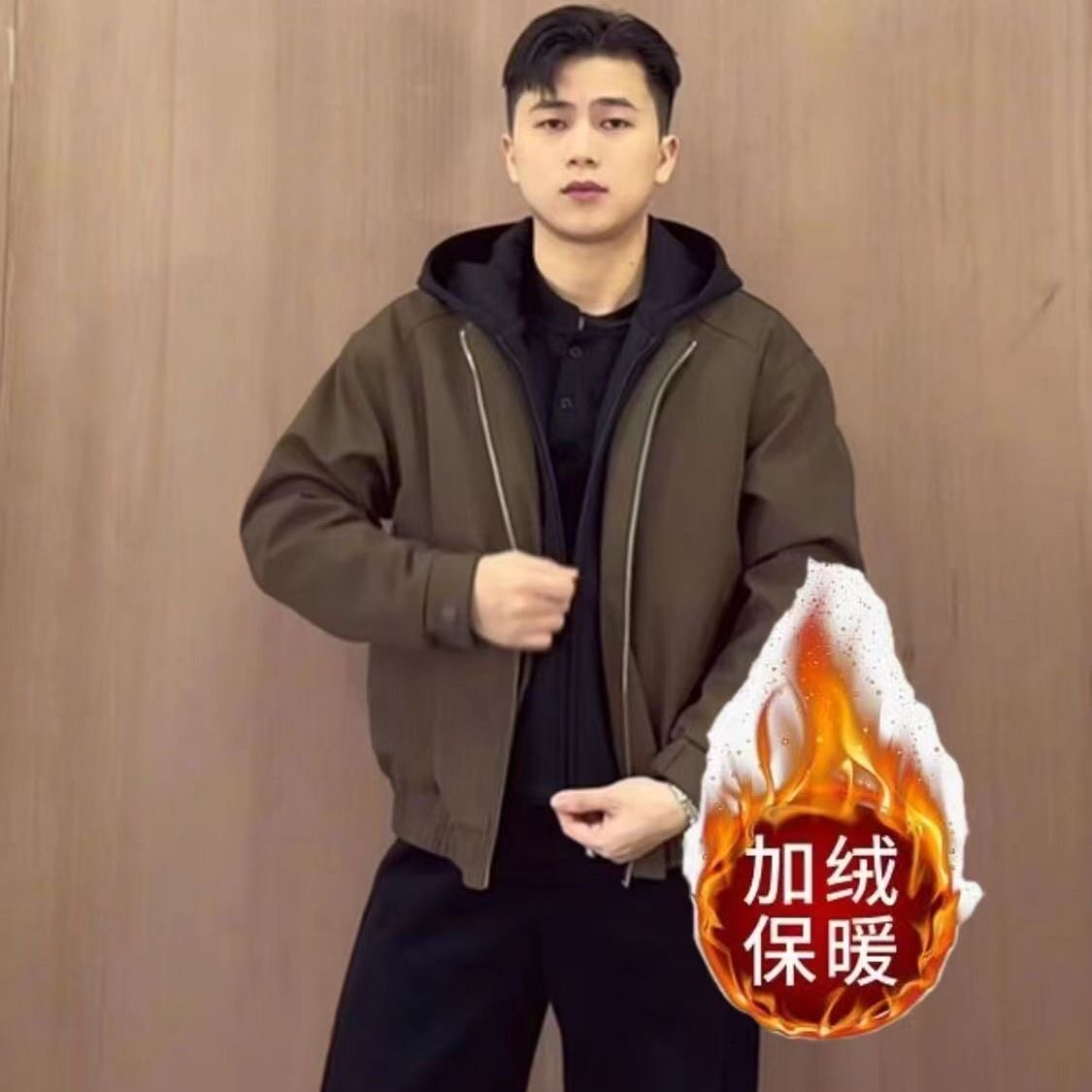 秋冬假两件拼接连帽夹克男短款冬季穿搭外套加绒加厚美式工装棉衣