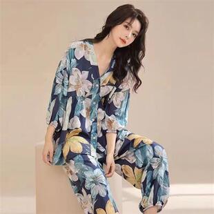 宽松胖妹妹套装 夏季 空调服女士家居服大码 棉绸睡衣女夏七分袖 长裤