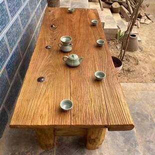 老榆木门板茶桌新中式餐桌餐厅复古怀旧餐桌椅组合家用桌子