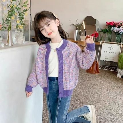 儿童针织开衫毛衣女童外套春秋款2024新款秋装童装女孩秋冬紫色粒
