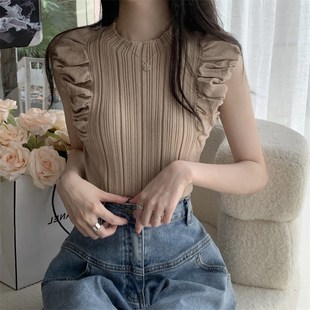 设计感竖条泡泡袖 女夏季 韩版 针织衫 别致上衣 新款 清新甜美显瘦修身