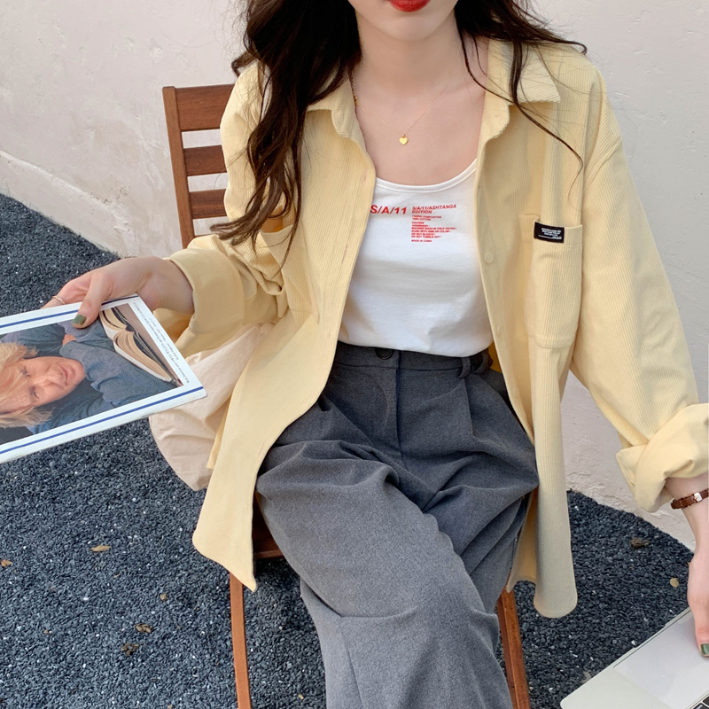 百思朵港风灯芯绒鹅黄色衬衫女设计感小众奶黄色长袖奶油黄外套秋