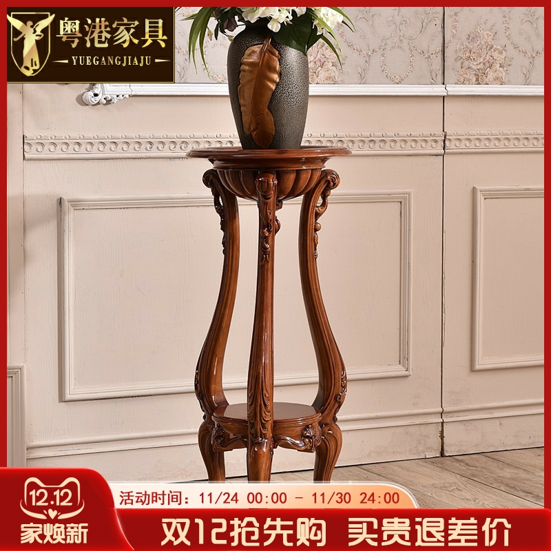 欧式全实木双层花架置物架雕花落地高脚花盆架花台实木陈列双层架