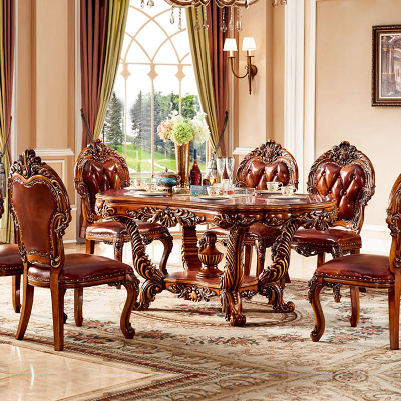 欧式方桌 美式复古实木雕花餐桌椅套装高端做旧餐厅家具家用餐桌