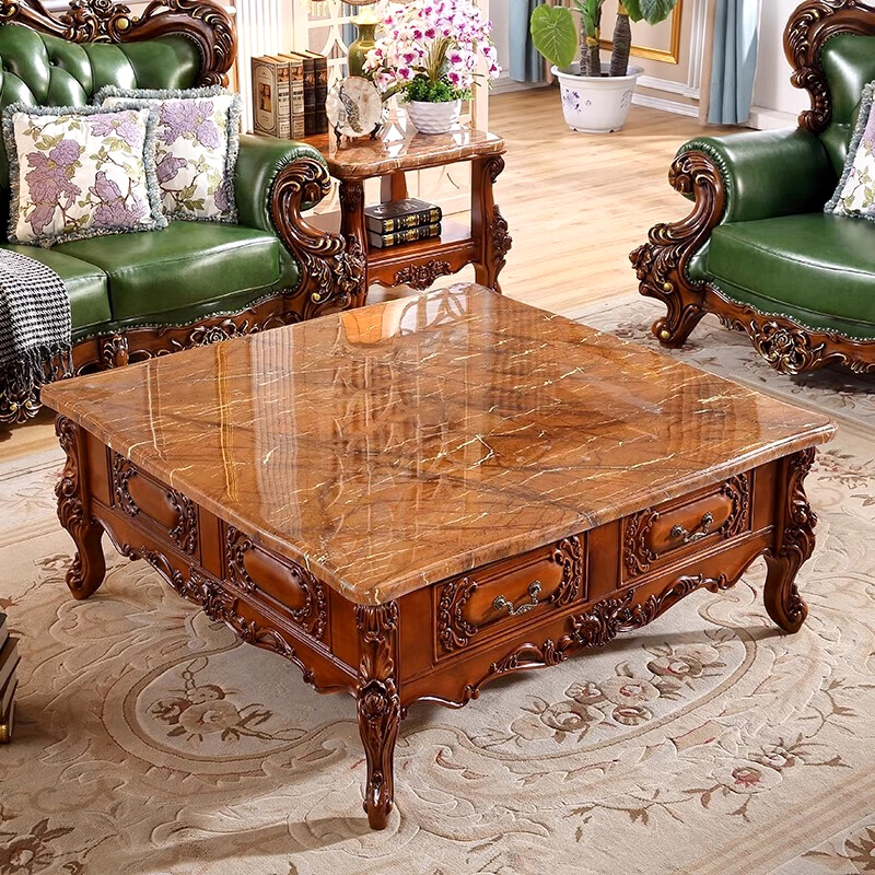 欧式大理石茶几美式复古高端实木雕花茶几别墅客厅储物大尺寸茶几