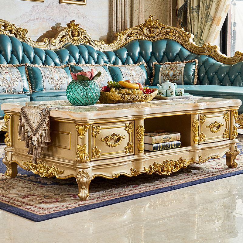 欧式实木雕花茶几 美式别墅宫廷方形大理石储物客厅家具奢华茶几