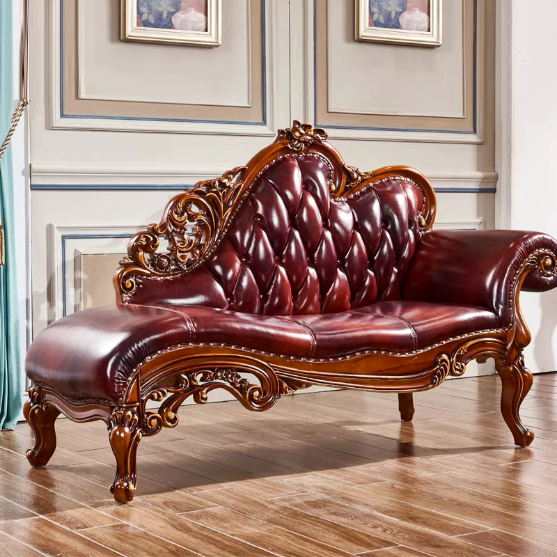 欧式真皮沙发贵妃椅美式新古典高端别墅卧室实木休闲椅美人榻躺椅