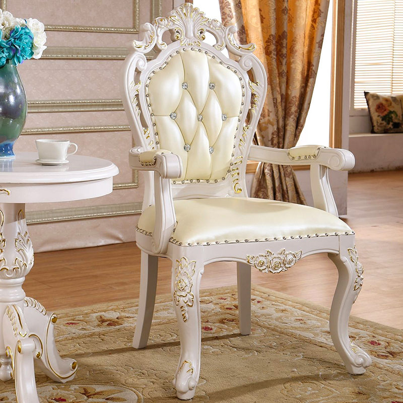 欧式实木雕花餐椅美式复古奢华餐厅酒店桌椅复古白色休闲扶手椅子