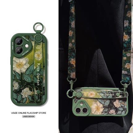 适用苹果16手机壳新款IPhone15promax腕带挂绳14全包X油画花13斜跨Plus高级感12防摔11夏女8p好看16Pro可背带