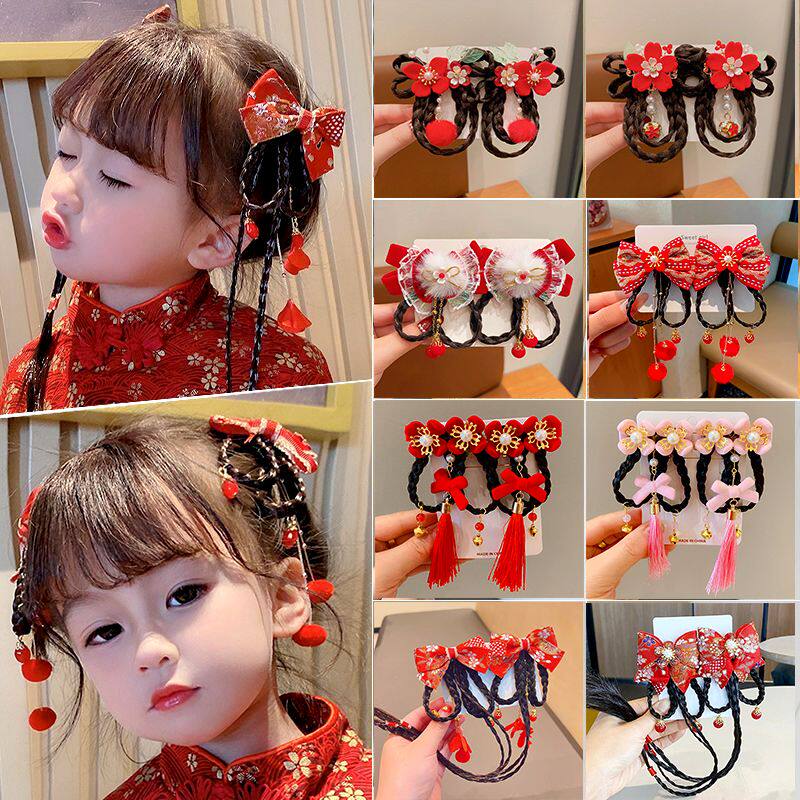 儿童汉服发饰中国风女童古风公主新年头饰小女孩假发辫子过年发夹