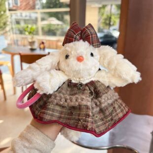 可爱毛绒兔子公仔钥匙扣格纹蝴蝶结网红卡通时尚钥匙包包装饰挂件
