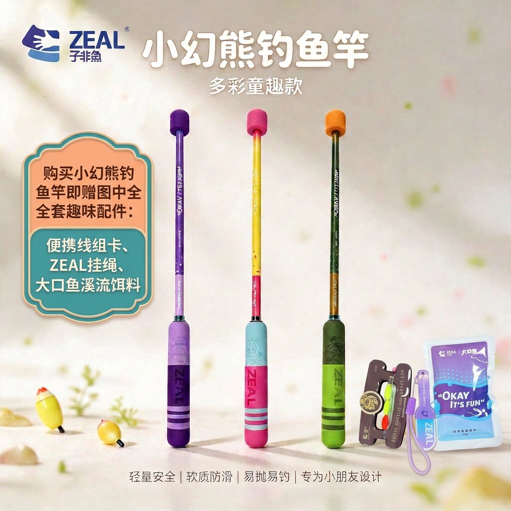 子非鱼小幻熊软头竿稍儿童小物竿彩色EVA手把防碰撞安全钓鱼竿