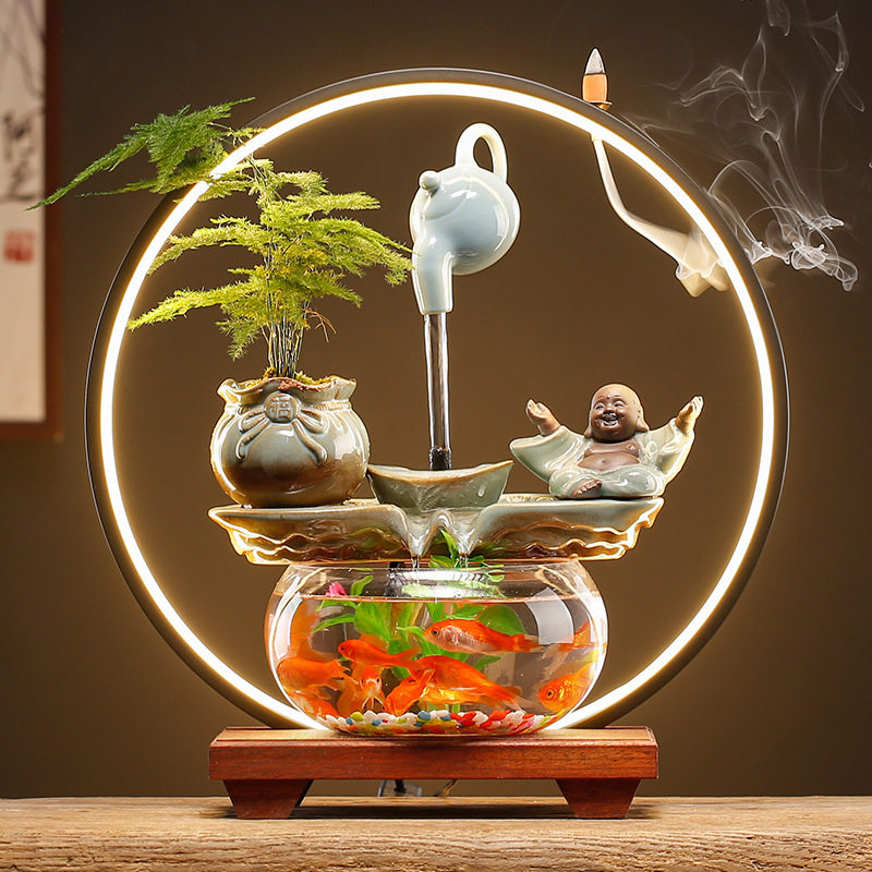 大师艺术高端新中式创意流水生财金鱼缸摆件循环造景装饰客厅办公