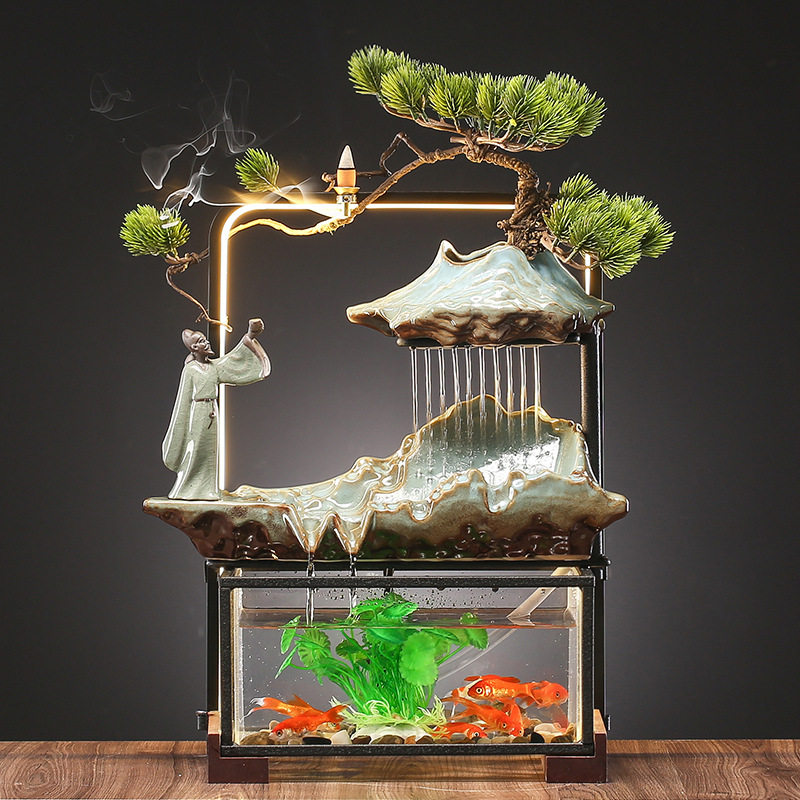 大师艺术高端新中式假山转运球摆件灯圈鱼缸客厅创意礼品
