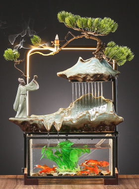 大师艺术高端新中式假山转运球摆件灯圈鱼缸客厅创意礼品