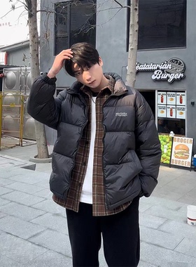 黑色立领白鸭绒羽绒服男2025新款冬季潮牌宽松保暖情侣面包服外套